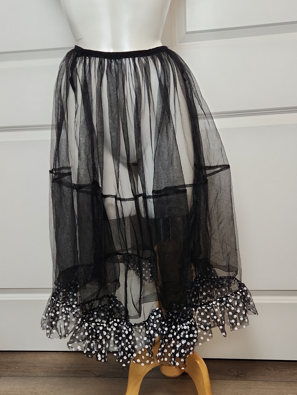 Black Sheer Tulle Midi Skirt with White Polka Dot Ruffle Trim Size XS